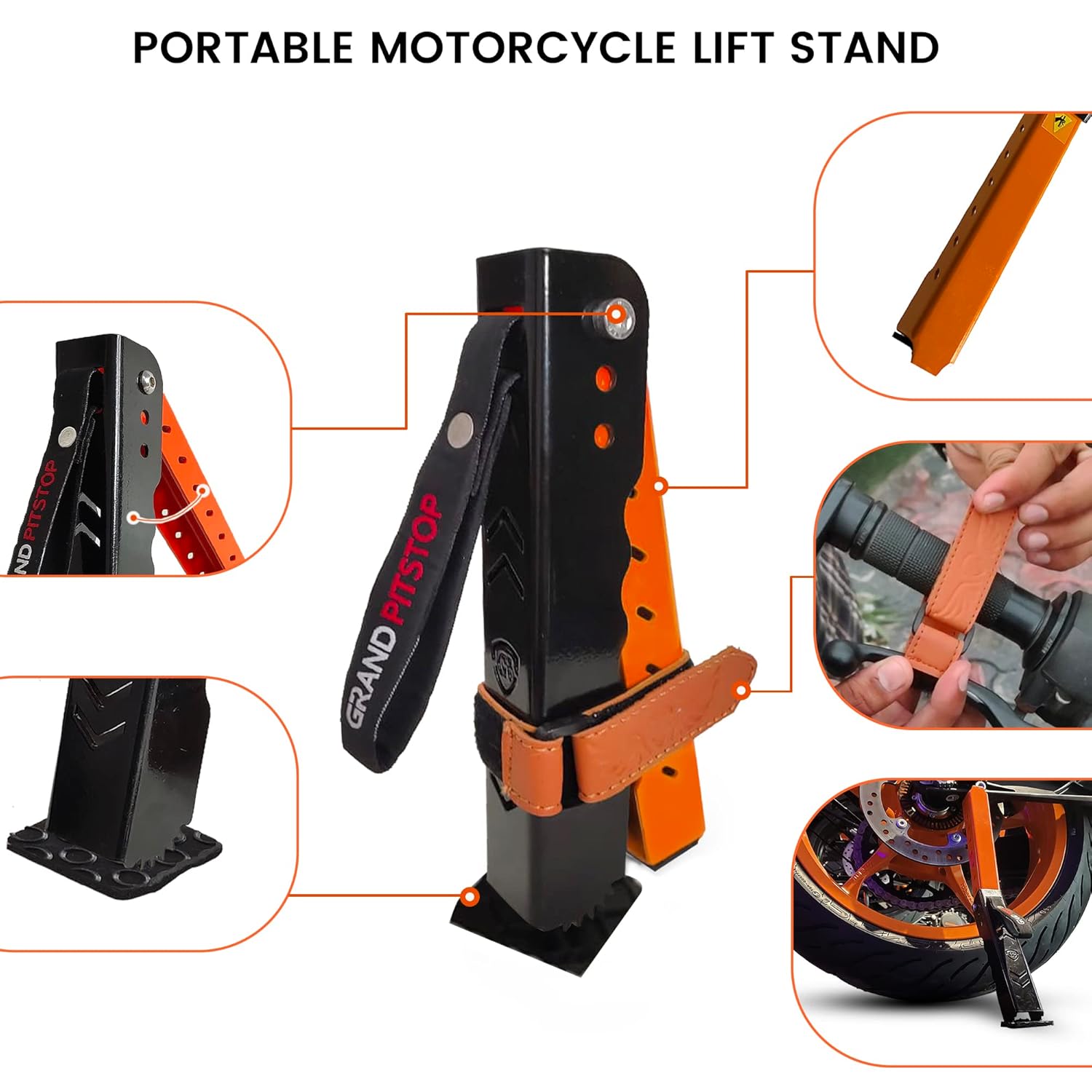 Grand Pitstop Moto Jack for Bike Adjustable, Chain Cleaning and Lubrication, Puncture Check for Double Sided swingarm (Black + Orange, Motorcycle Weight Upto 180 kg) - Image 4