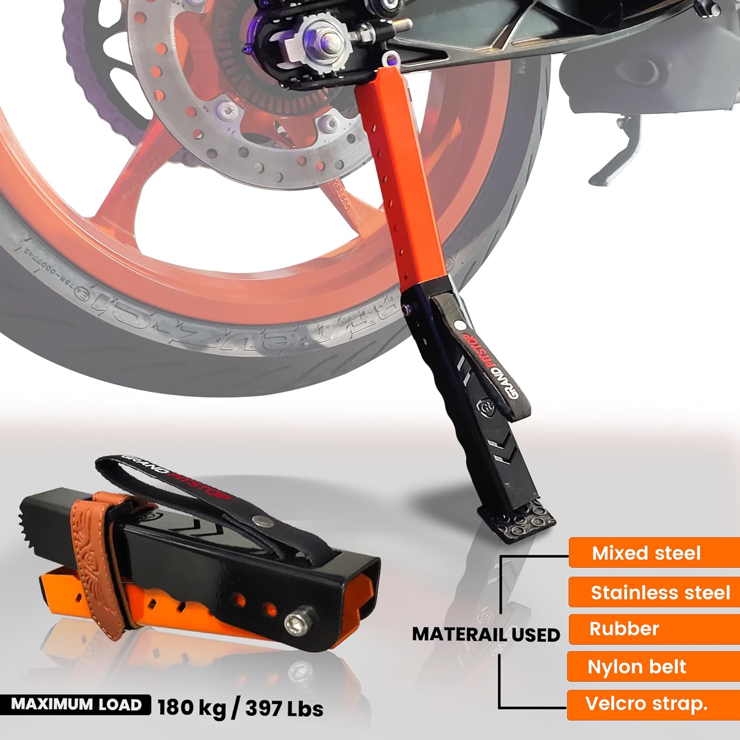 Grand Pitstop Moto Jack for Bike Adjustable, Chain Cleaning and Lubrication, Puncture Check for Double Sided swingarm (Black + Orange, Motorcycle Weight Upto 180 kg) - Image 3