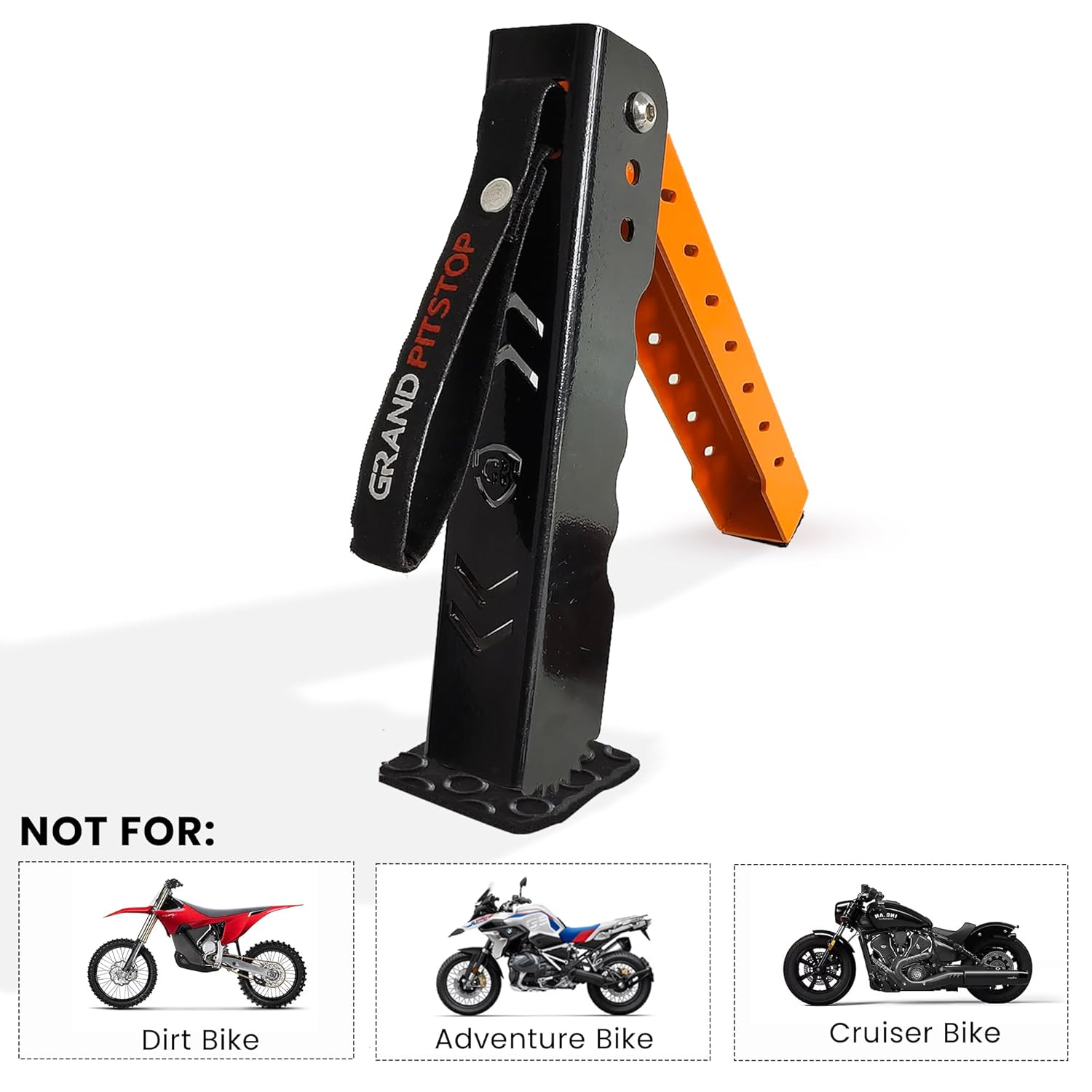 Grand Pitstop Moto Jack for Bike Adjustable, Chain Cleaning and Lubrication, Puncture Check for Double Sided swingarm (Black + Orange, Motorcycle Weight Upto 180 kg) - Image 2