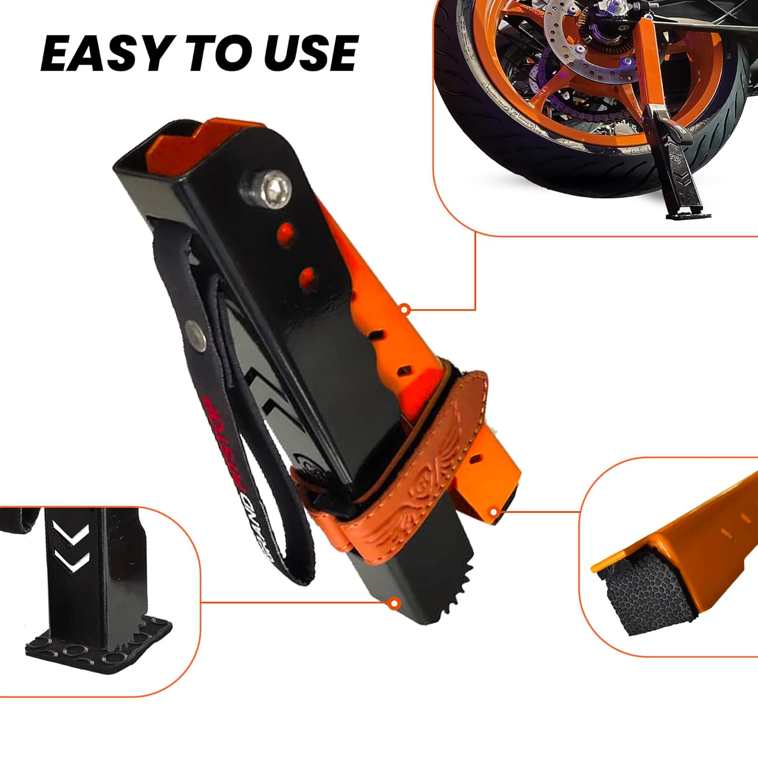 Grand Pitstop Moto Jack for Bike Adjustable, Chain Cleaning and Lubrication, Puncture Check for Double Sided swingarm (Black + Orange, Motorcycle Weight Upto 180 kg) - Image 5