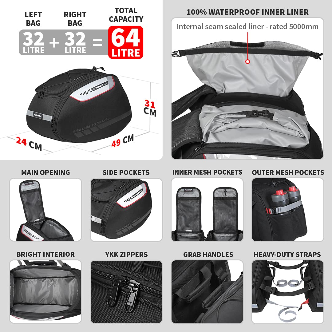 ViaTerra Condor 2UP Waterproof Saddlebag (64 LTR) |Compatible with All Bikes with Saddle Stay for Motorcycle - Image 3