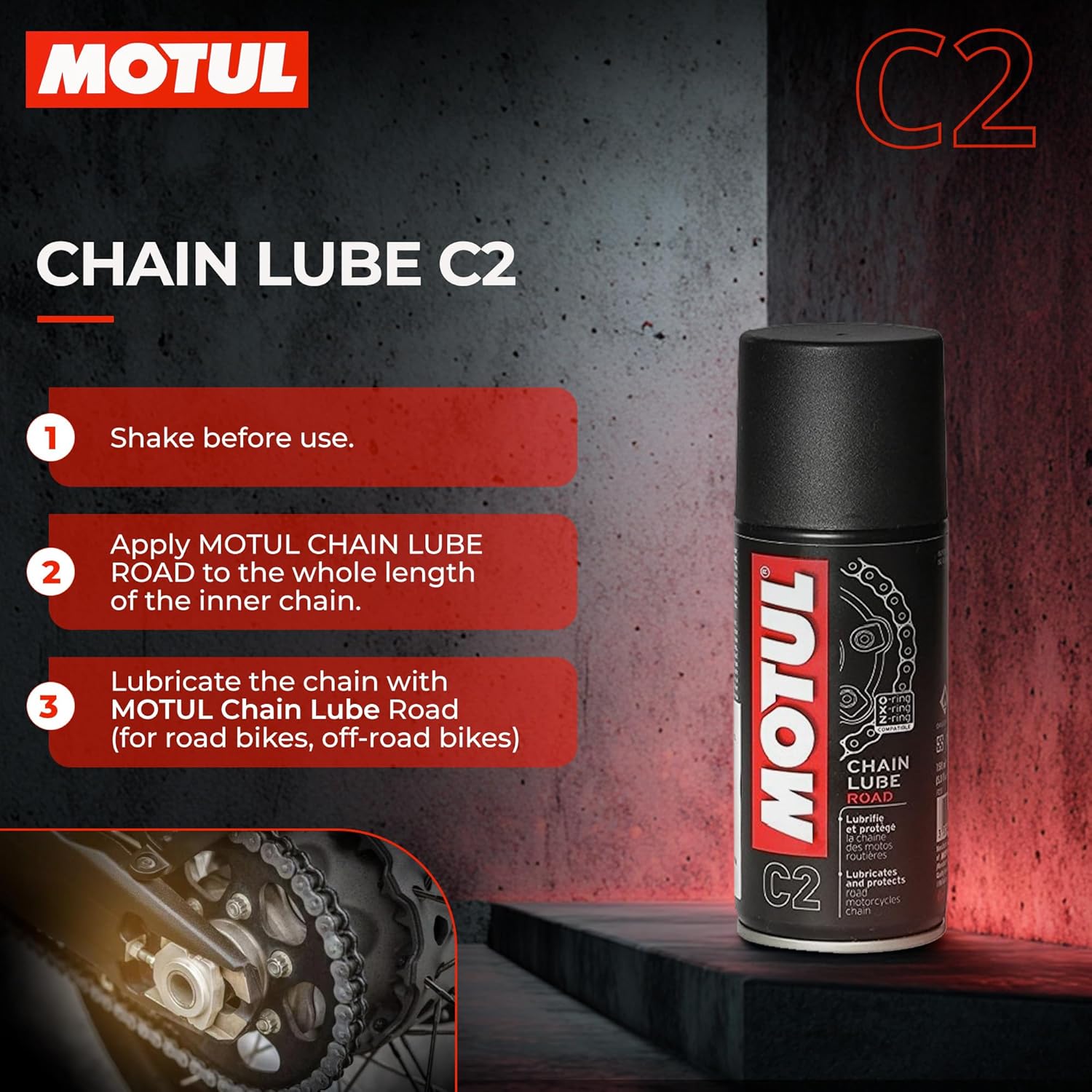 Motul Chain Lube & Chain Cleaner Combo for Bikes – C2 Lubrication + C1 Deep Cleaning Spray for Superior Chain Care, Suitable for All Motorcycles, 150 ml Eac - Image 2