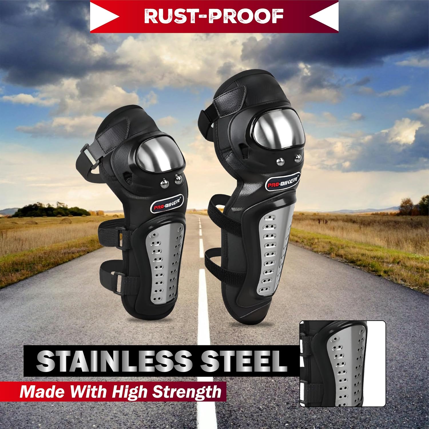 Pro Biker Motorcycle Knee and Elbow Guard Protective Riding Gear with Stainless Steel Shell, Adjustable Straps for Bike, Racing - Image 3