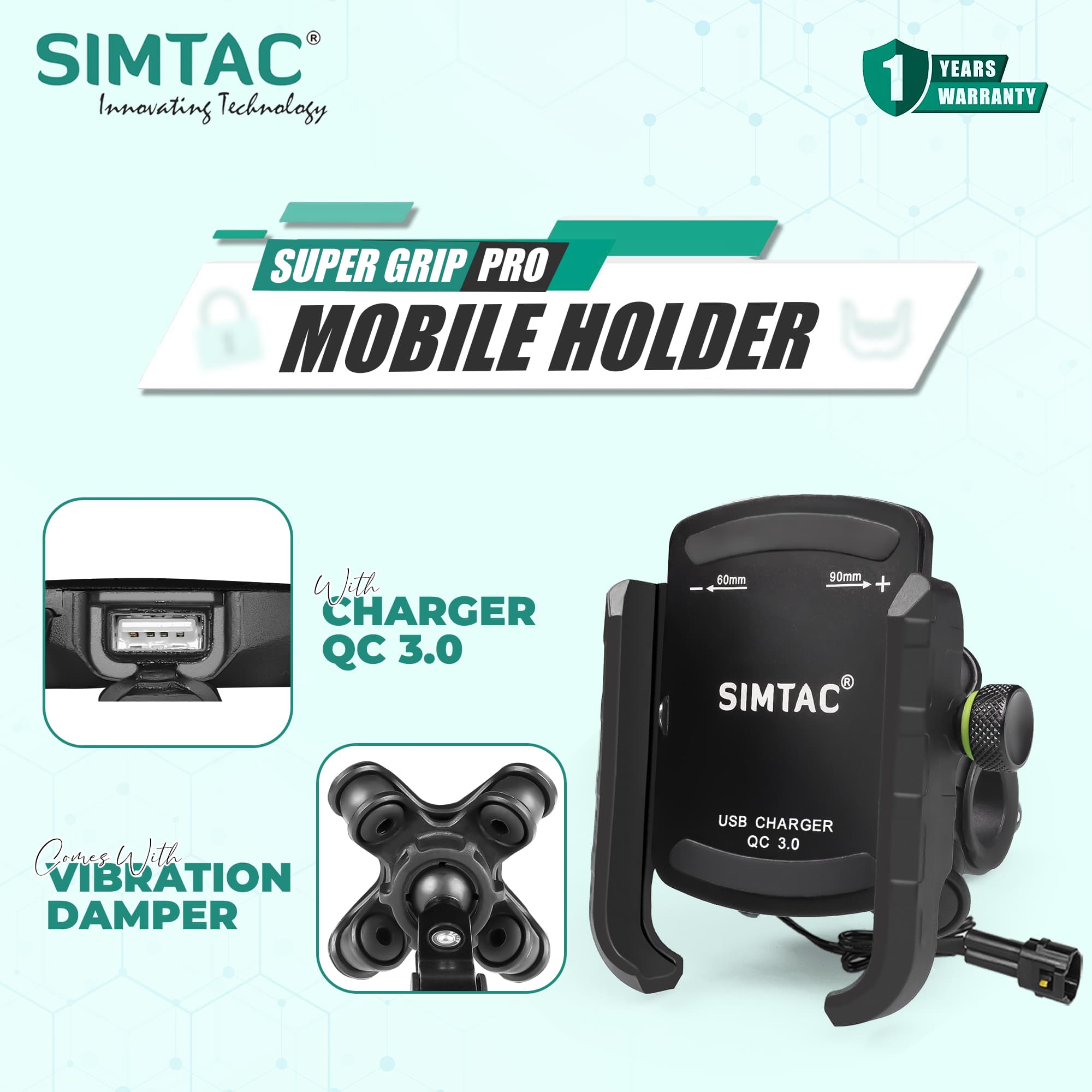 Simtac super grip with vibration damper & USB-A charger
