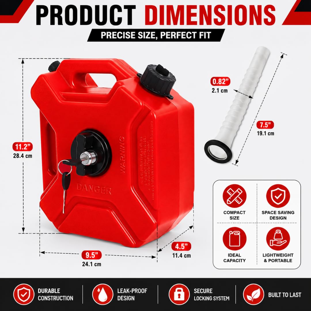 Universal 5 Liter Fuel Jerry Can With Lock and Cap For Motorcycle RED - Image 2