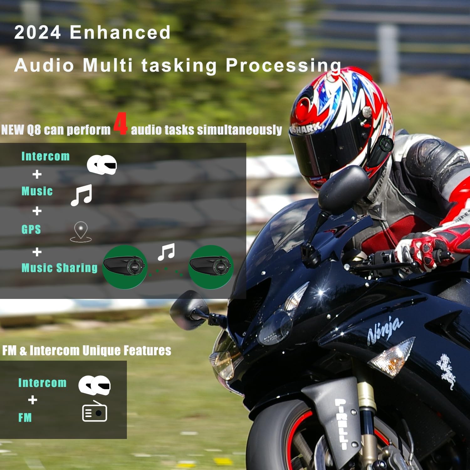 SolaMr Q8 Motorcycle Helmet Bluetooth Headset, 230hours Standby, 6 Riders Mesh Communication Systems with Audio Multitasking, Music Sharing, Noise Cancellation, FM Radio, Loud Interphone -2 Pack - Image 2
