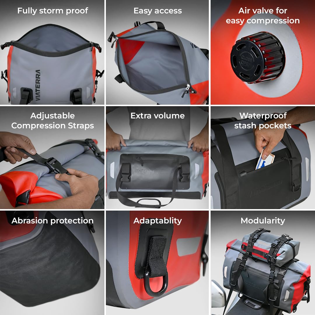ViaTerra Universal Waterproof Drybag 55L Motorcycle Tailbag | Seam welded waterproof bag, No need for Raincover, Air Valve for easy packing, Roll top closure, No Saddle Stay/Rack Needed - Image 6