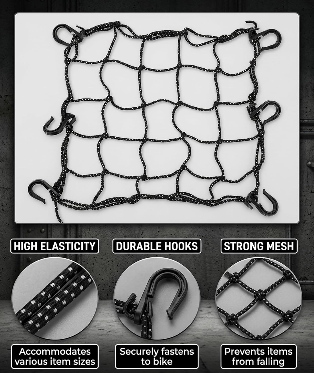 Bungee Net for Bike, Cargo Net for Bike Luggage with Elastic Cords, Secures Items on Motorcycles Bicycles Scooters, 30x30 cm Black Storage Net - Image 3