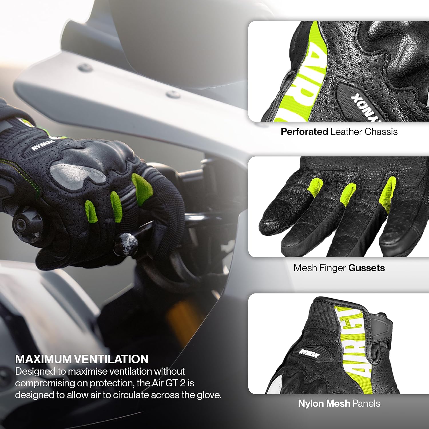 Rynox Air GT 2 Motorcycle Riding Gloves - Black Hi-Viz Green - Image 4